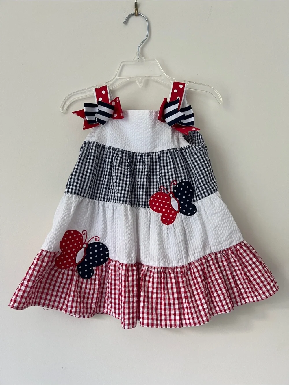 Rare Editions Red, White & Navy Gingham Butterfly Dress